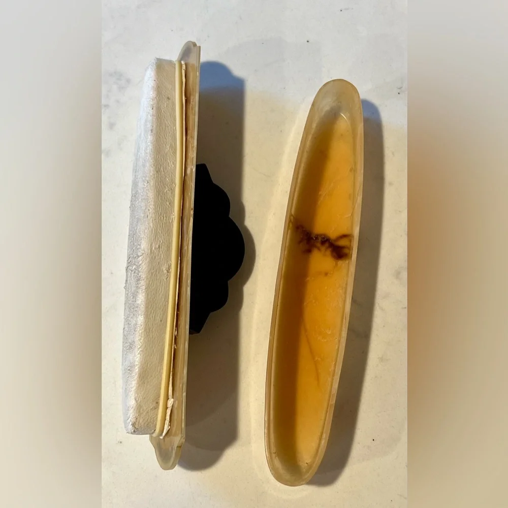 Vintage Gold / Brown Celluloid Vanity/Dresser Set 8 Pieces, powder box, scissors